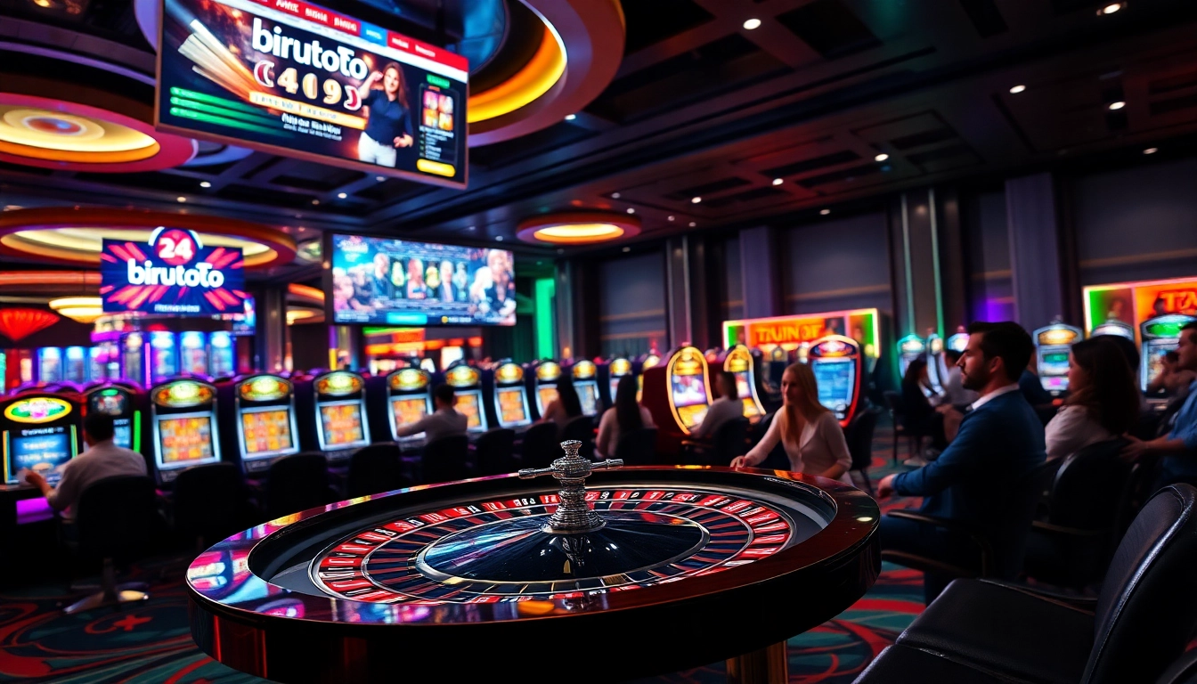Rasakan sensasi Birutoto bersama para pemain di meja kasino mewah di antara mesin slot yang berwarna-warni.