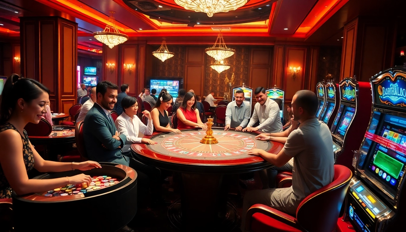 Join the excitement and thrill at the luxurious casino scene inspired by https://bl555.cash/, featuring players at vibrant gambling tables.