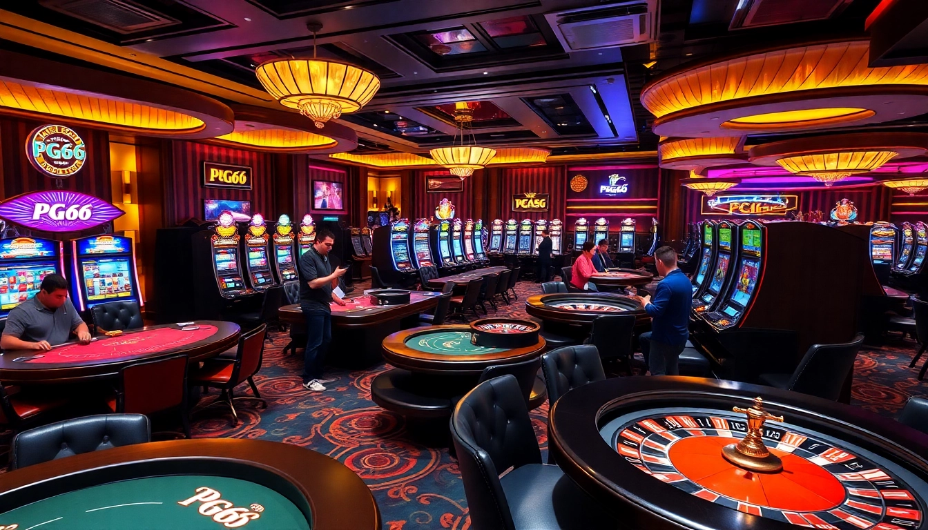 Players enjoying exciting games at PG66 Casino, showcasing vibrant slot machines and card tables.