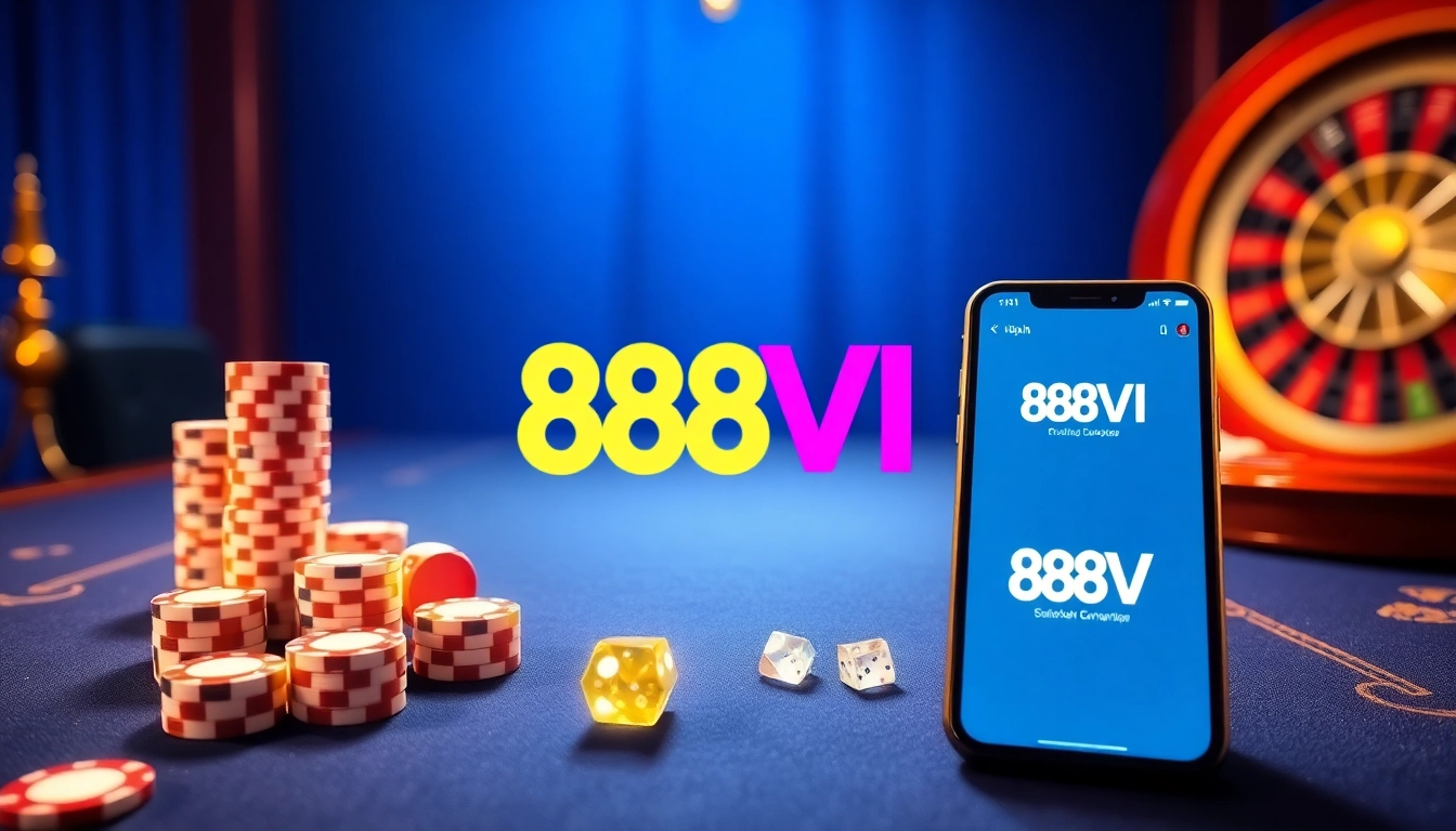 Experience thrilling online gaming with 888VI at a luxury casino table featuring poker chips and dice.