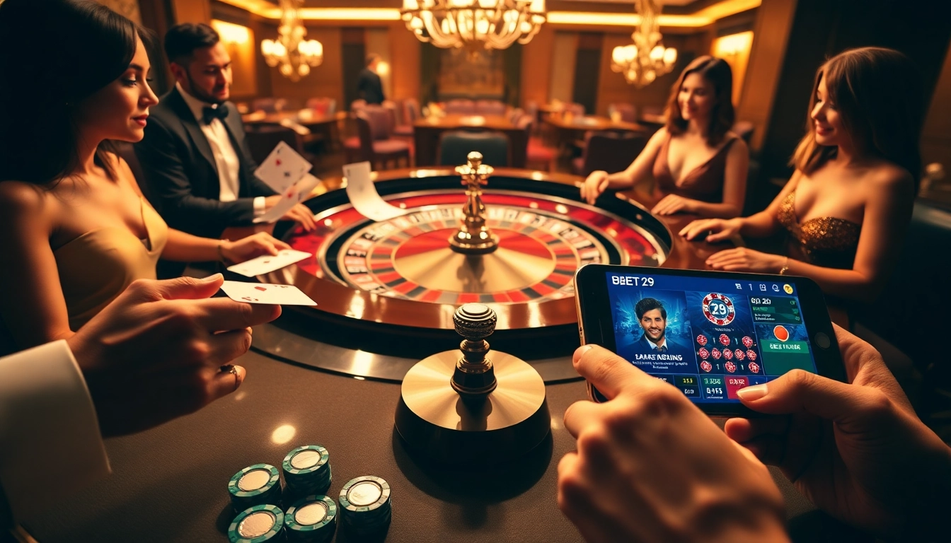 Players enjoying a thrilling BET29 casino experience at a vibrant roulette table with chips and cards.