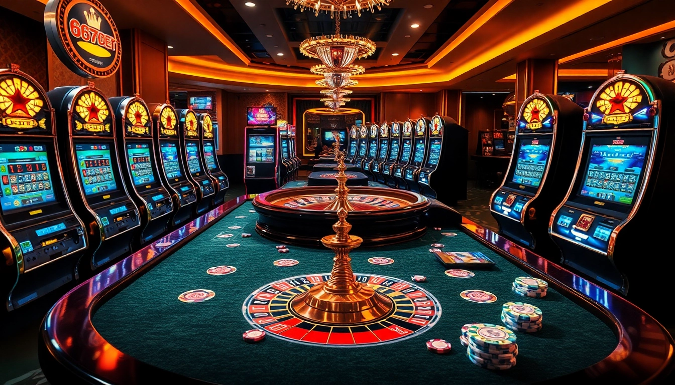 Experience thrilling gaming at 667bett with a vibrant casino table and exciting slot machines.