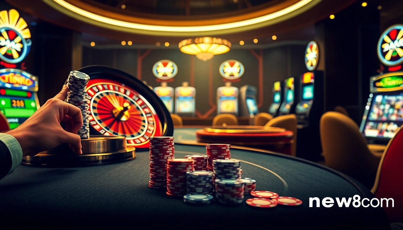 Experience thrilling gameplay at new88 com with vibrant casino tables, poker chips, and a spinning roulette wheel.