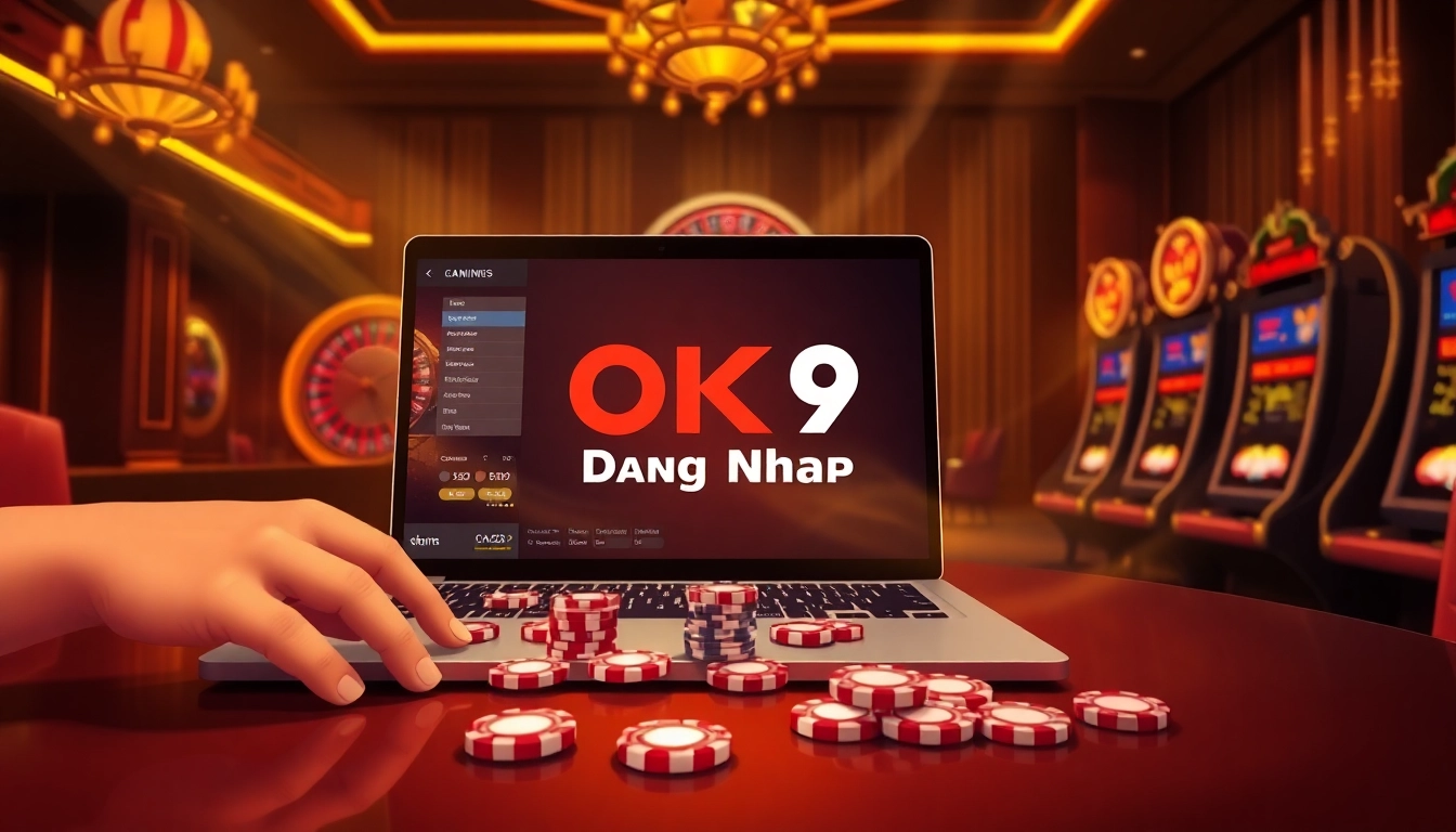 Experience thrilling gambling with OK9 Dang Nhap through an elegant online casino interface and vibrant poker chips.