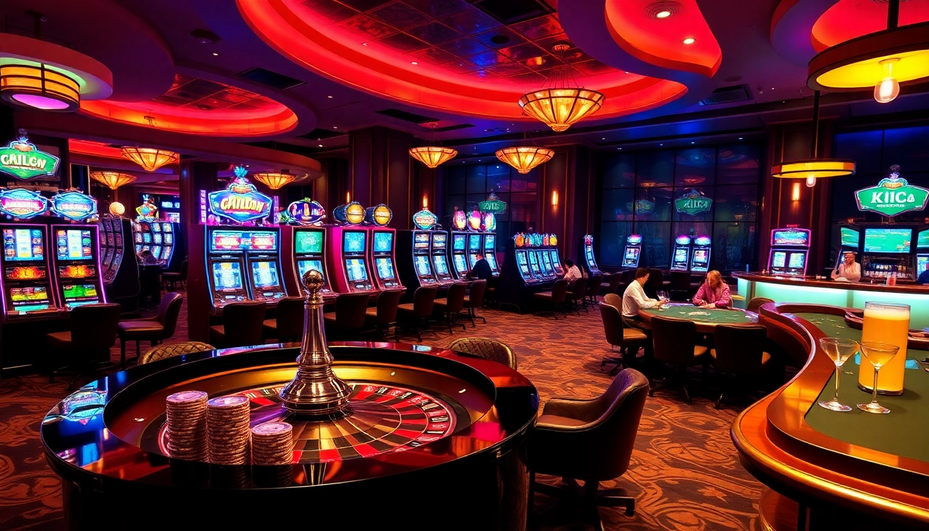 KJC casino action with players at tables, vibrant slot machines, and a roulette wheel.
