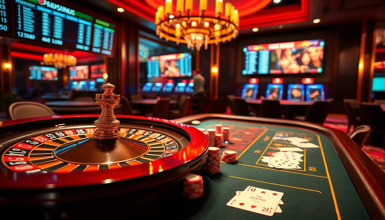 Enjoy a thrilling moment at bet88 with a vibrant casino scene featuring a roulette wheel and poker table.