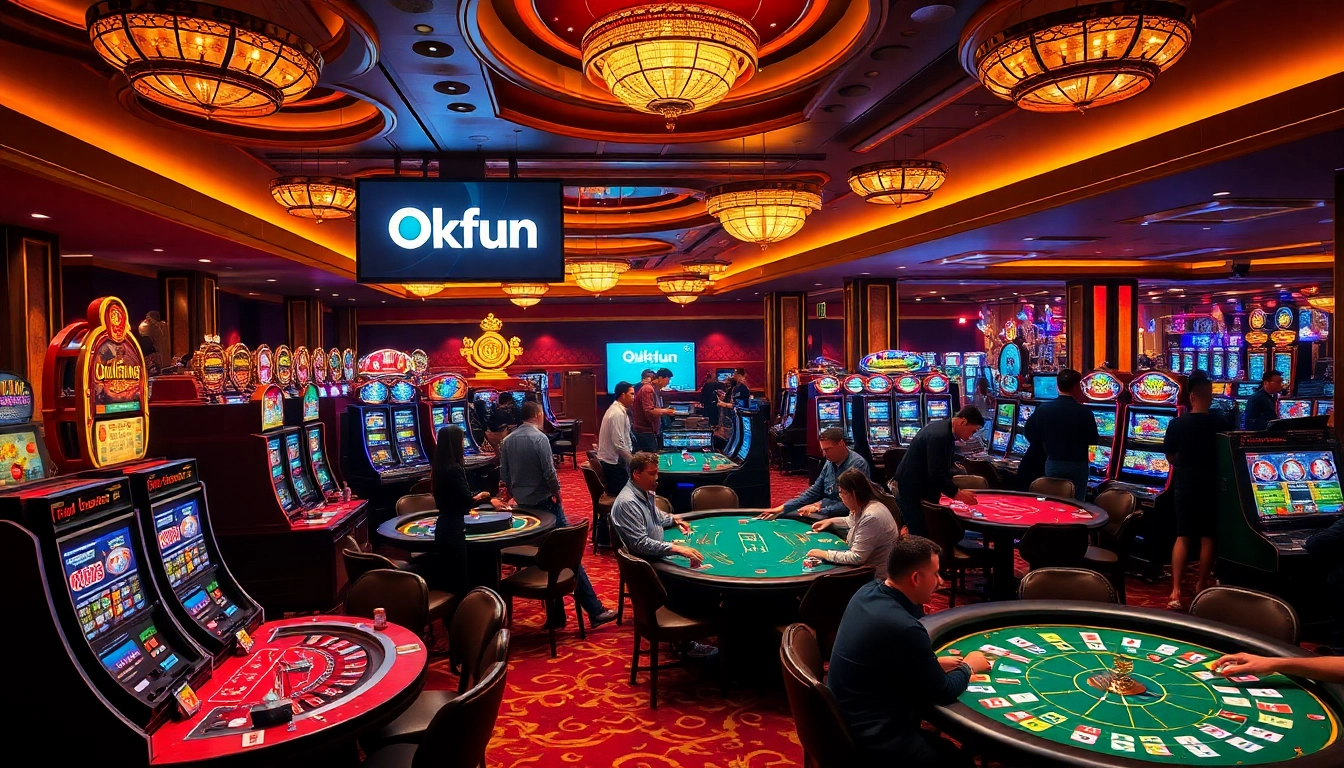 Exciting casino scene featuring players enjoying games at Okfun, showcasing poker and slots.