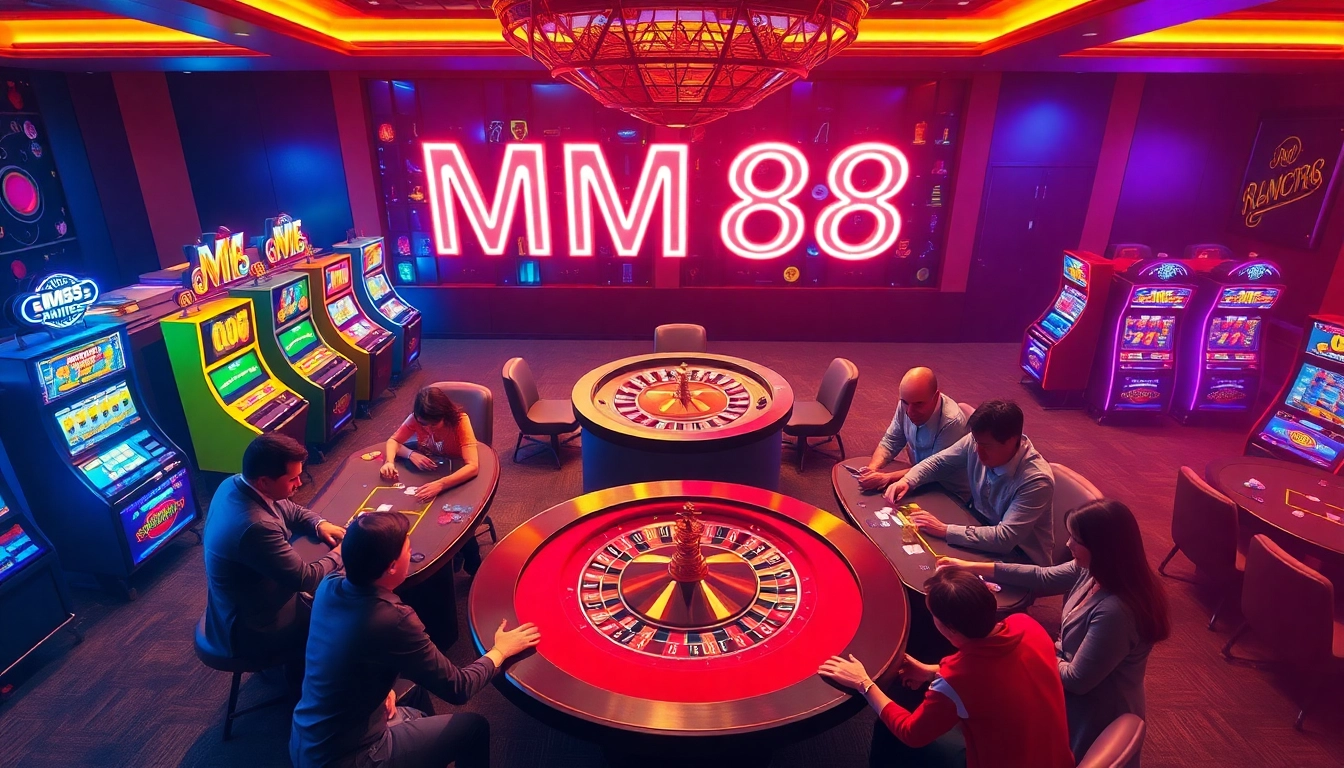 Players enjoying the excitement of MM88 casino games with vibrant slot machines and poker tables.