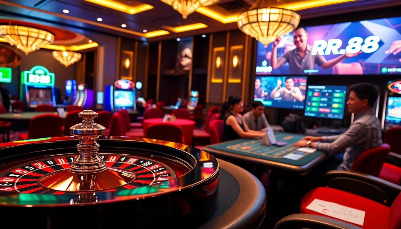 Players enjoying various games at RR88 casino with vibrant slot machines and poker tables.