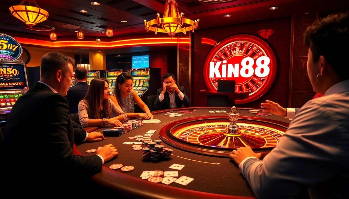Players enjoying a thrilling game at king88's luxurious casino table with vibrant poker chips.