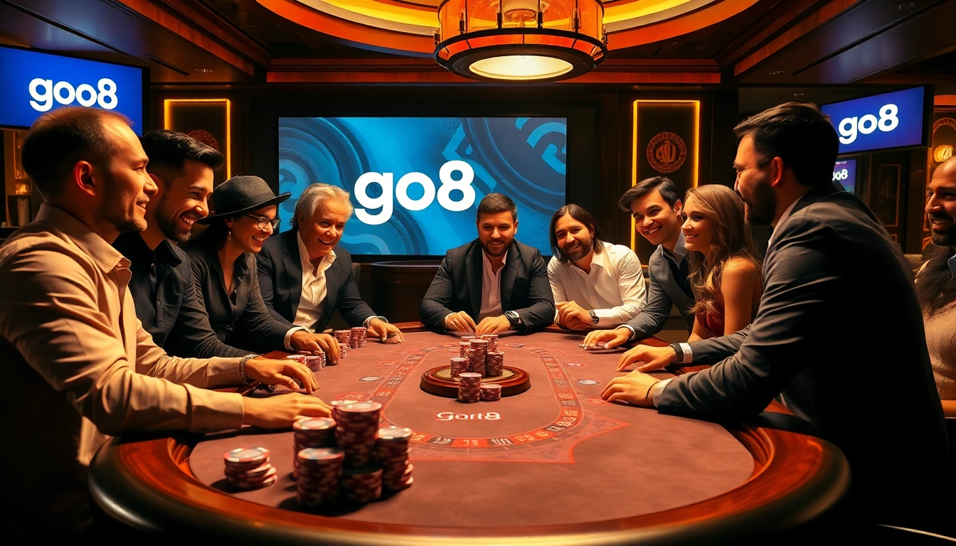 A lively poker game scene showcasing gamblers enjoying a high-stakes game with go8 branding.