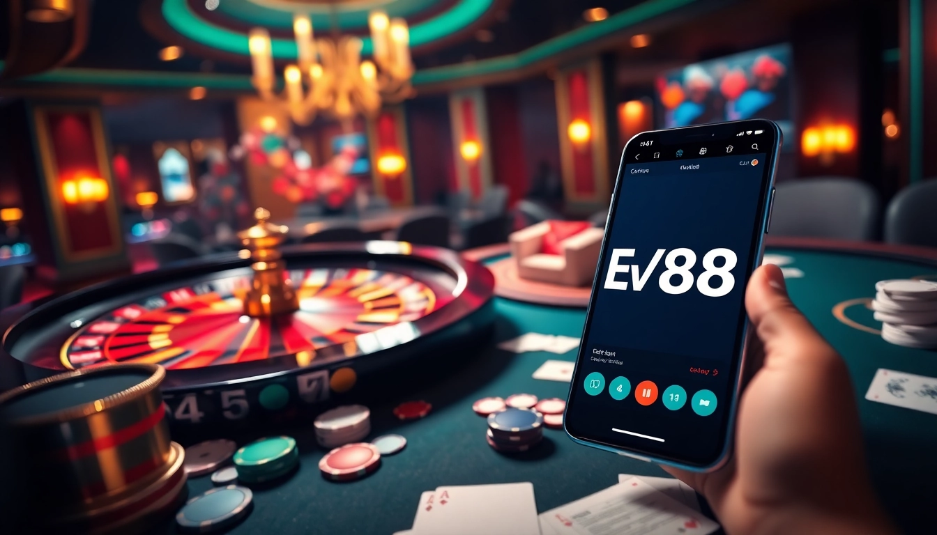 Experience the thrill of gaming with https://ev88.claims/ on a vibrant casino floor featuring roulette and poker tables.