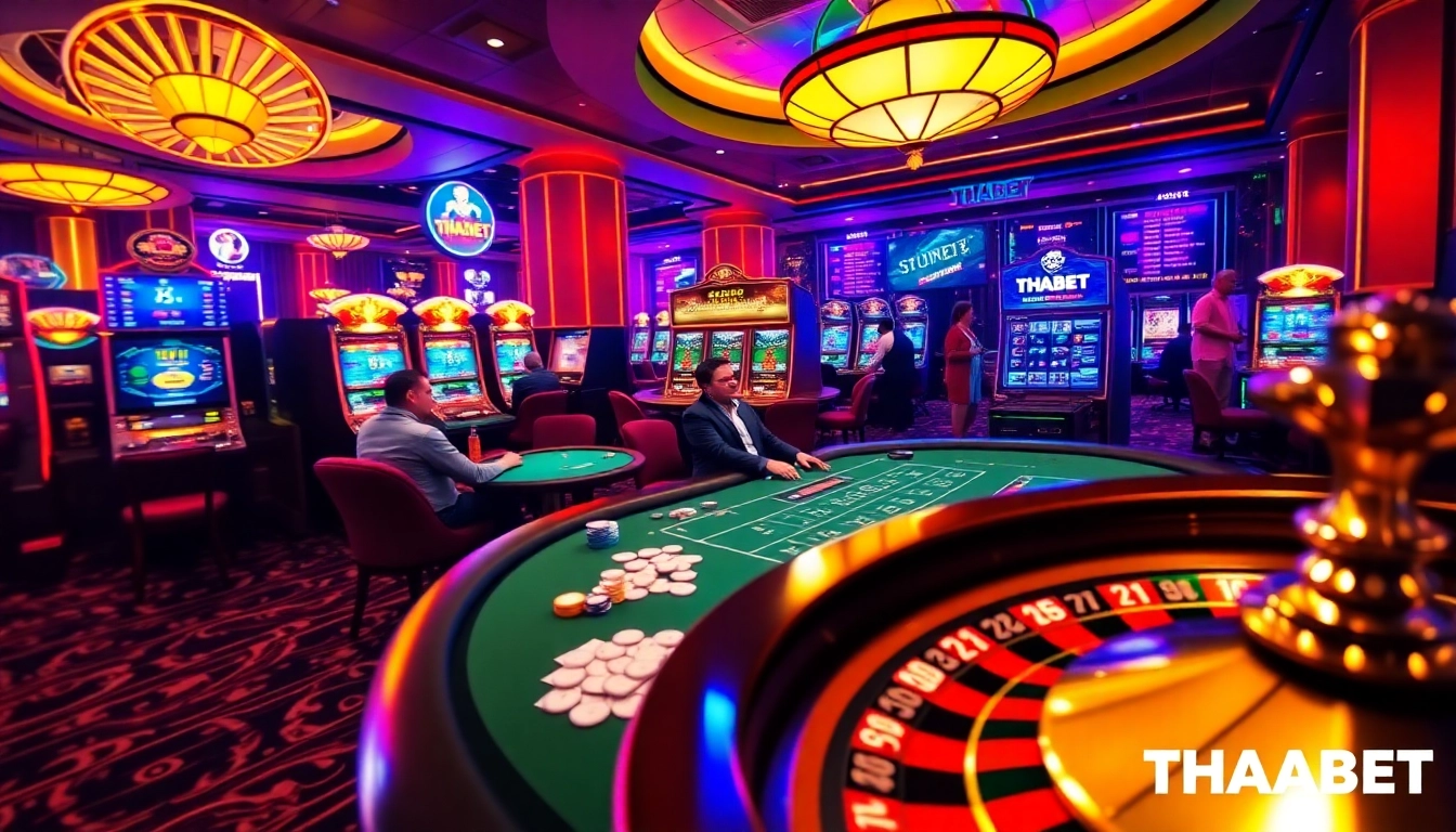 Engaged players at THABET enjoy high-stakes poker and vibrant slot machines in a luxurious casino.