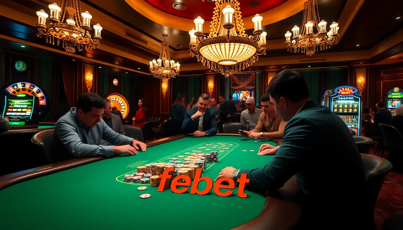 Experience excitement at Febet's luxury casino with players engaged in poker, roulette, and slots.