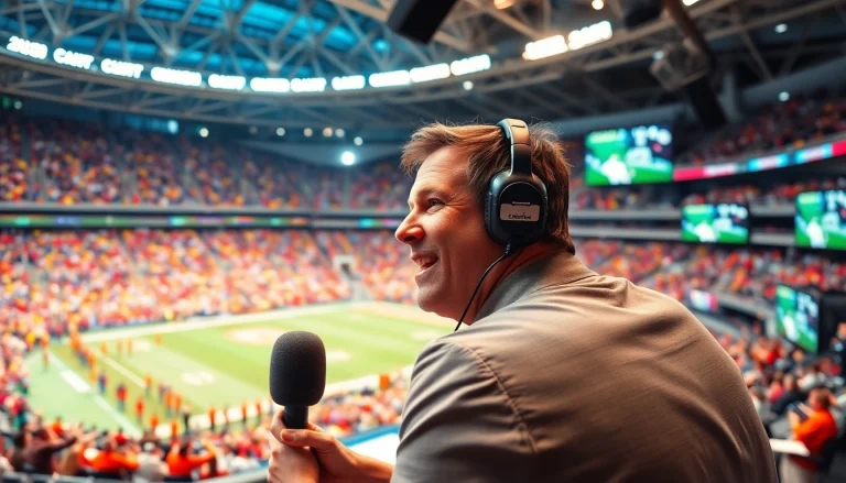 Dynamic sports broadcasting scene with an announcer engaging the crowd.