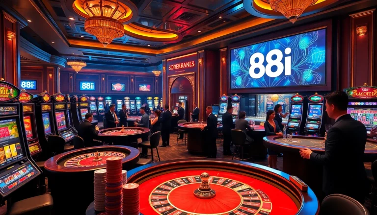 Experience the thrill of winning at 88i's luxurious casino, featuring vibrant gaming tables and slot machines.