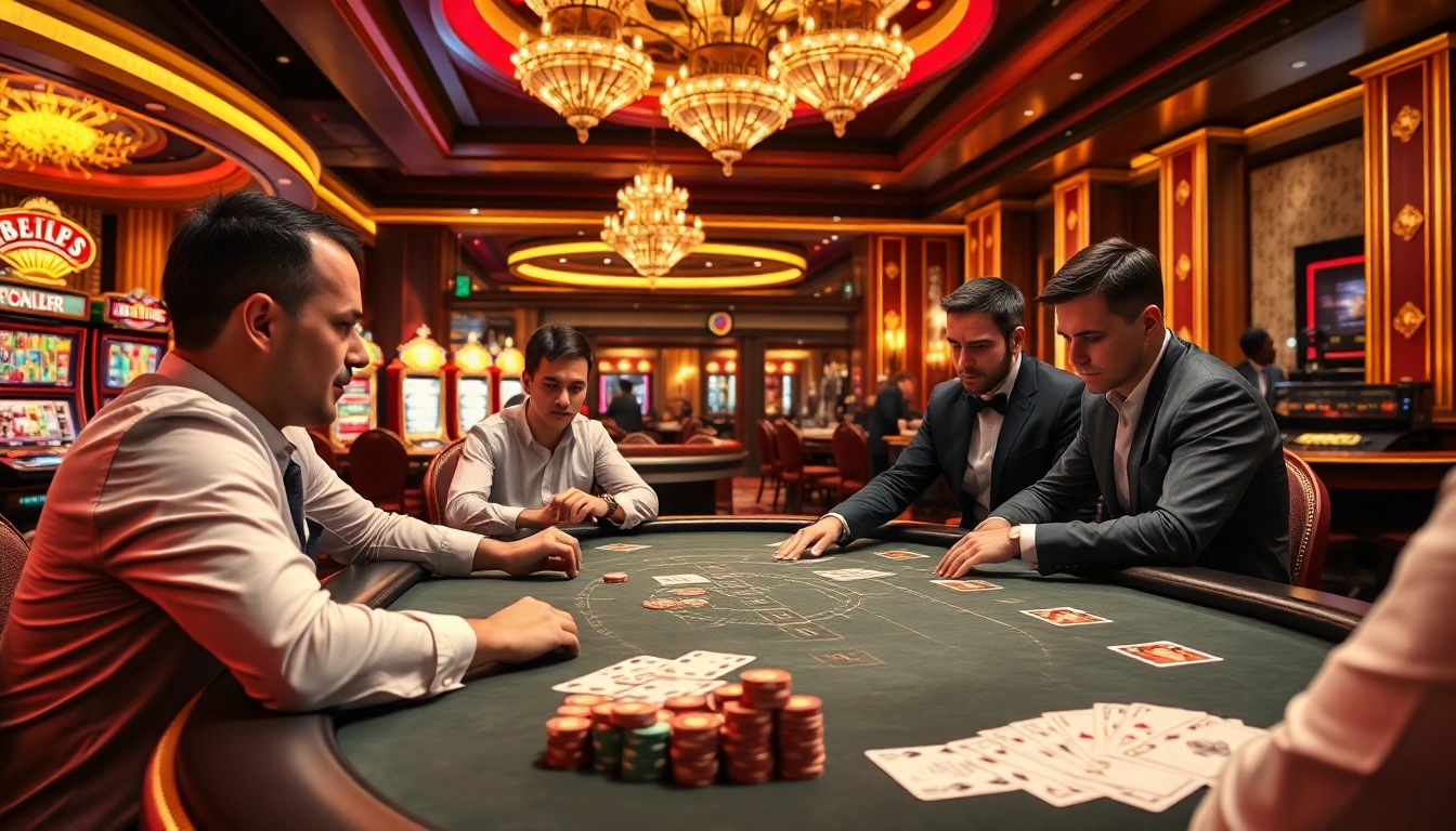 Intense poker game at a casino showcasing sv 388 with players and vibrant slot machines.