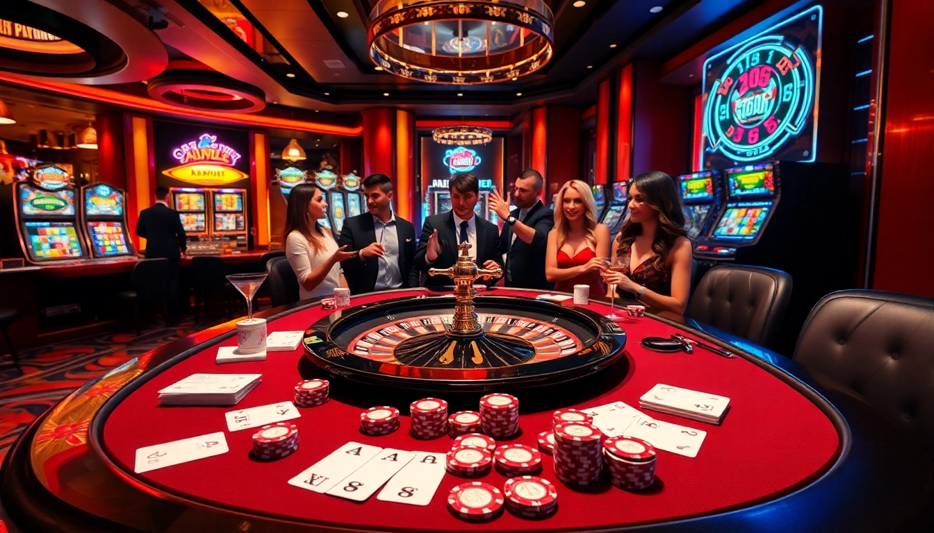 Action-packed scene showcasing 13win casino excitement with players at a poker table and vibrant games.
