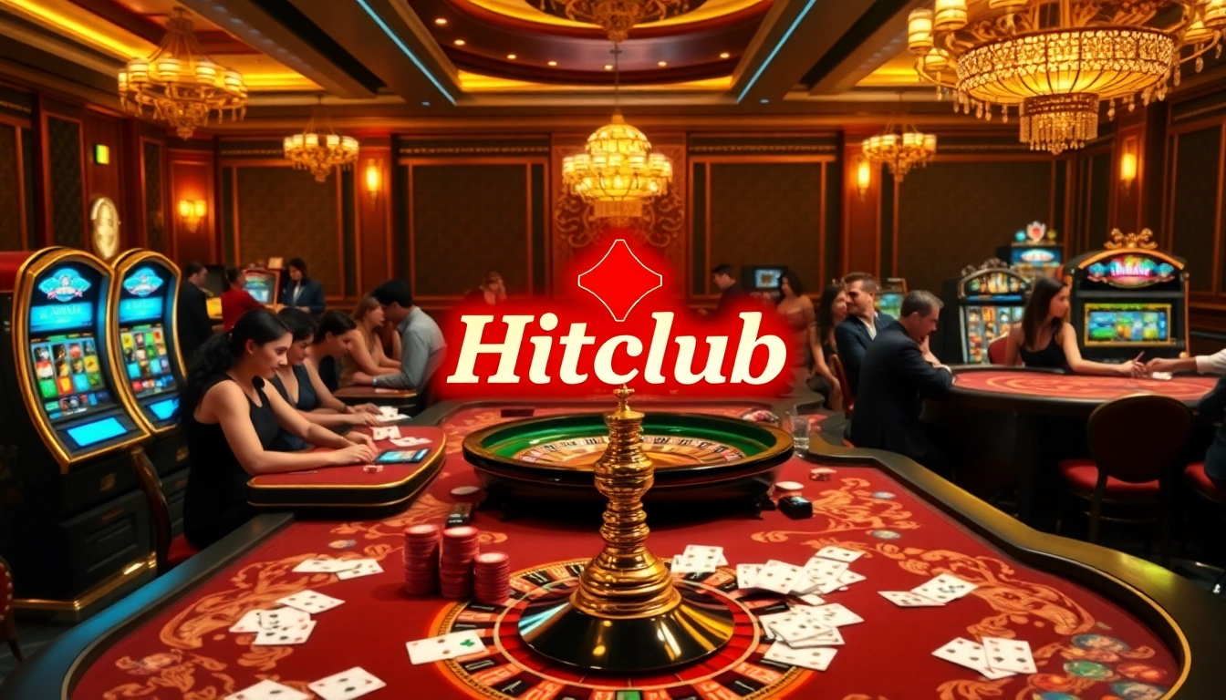 Hitclub casino players engaged in strategic gameplay at a luxurious table with chips and cards.