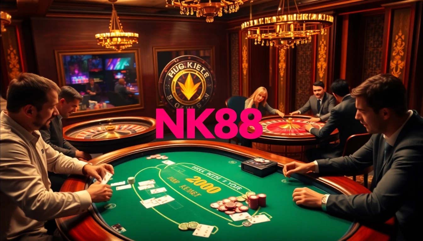 Experience the thrill of winning at NK88, featuring an elegant blackjack table and spinning roulette wheel.