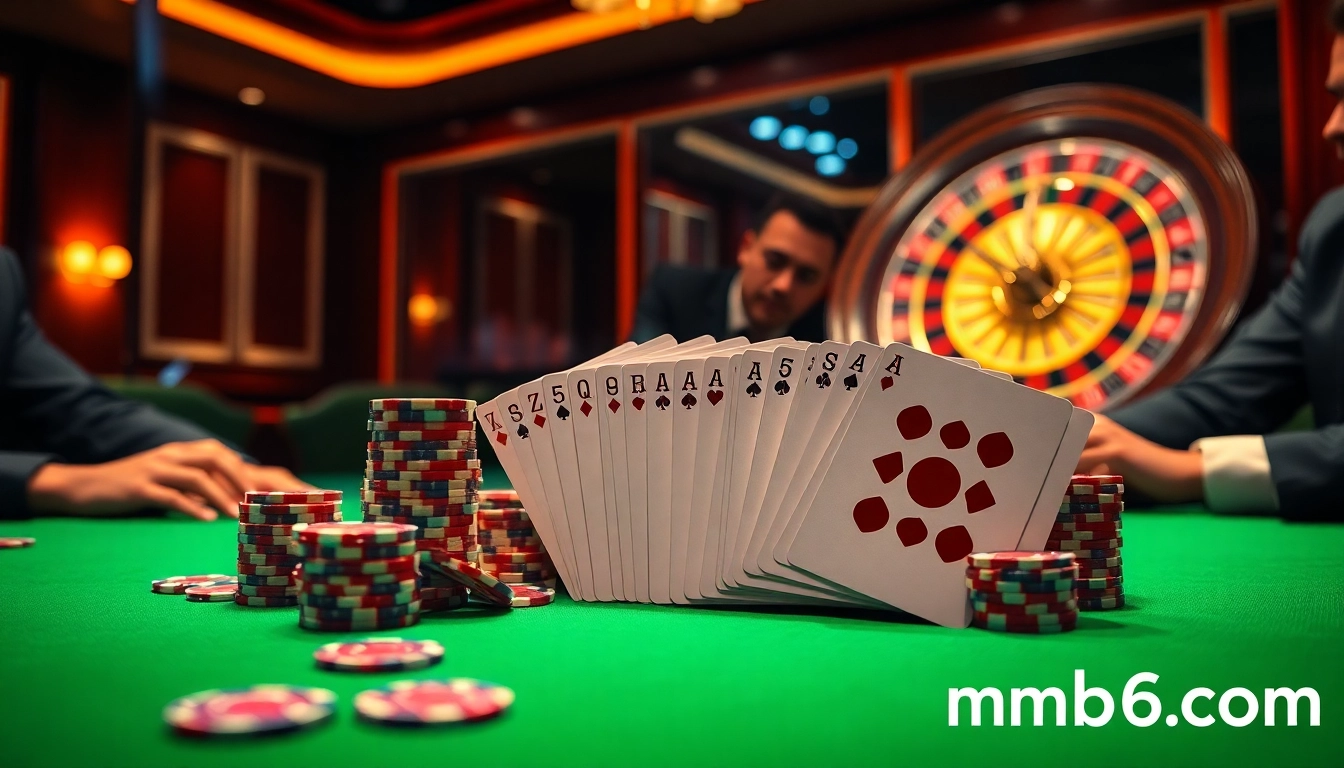 Engaged players experience the thrill of high-stakes poker at mb66.com with chips and cards.
