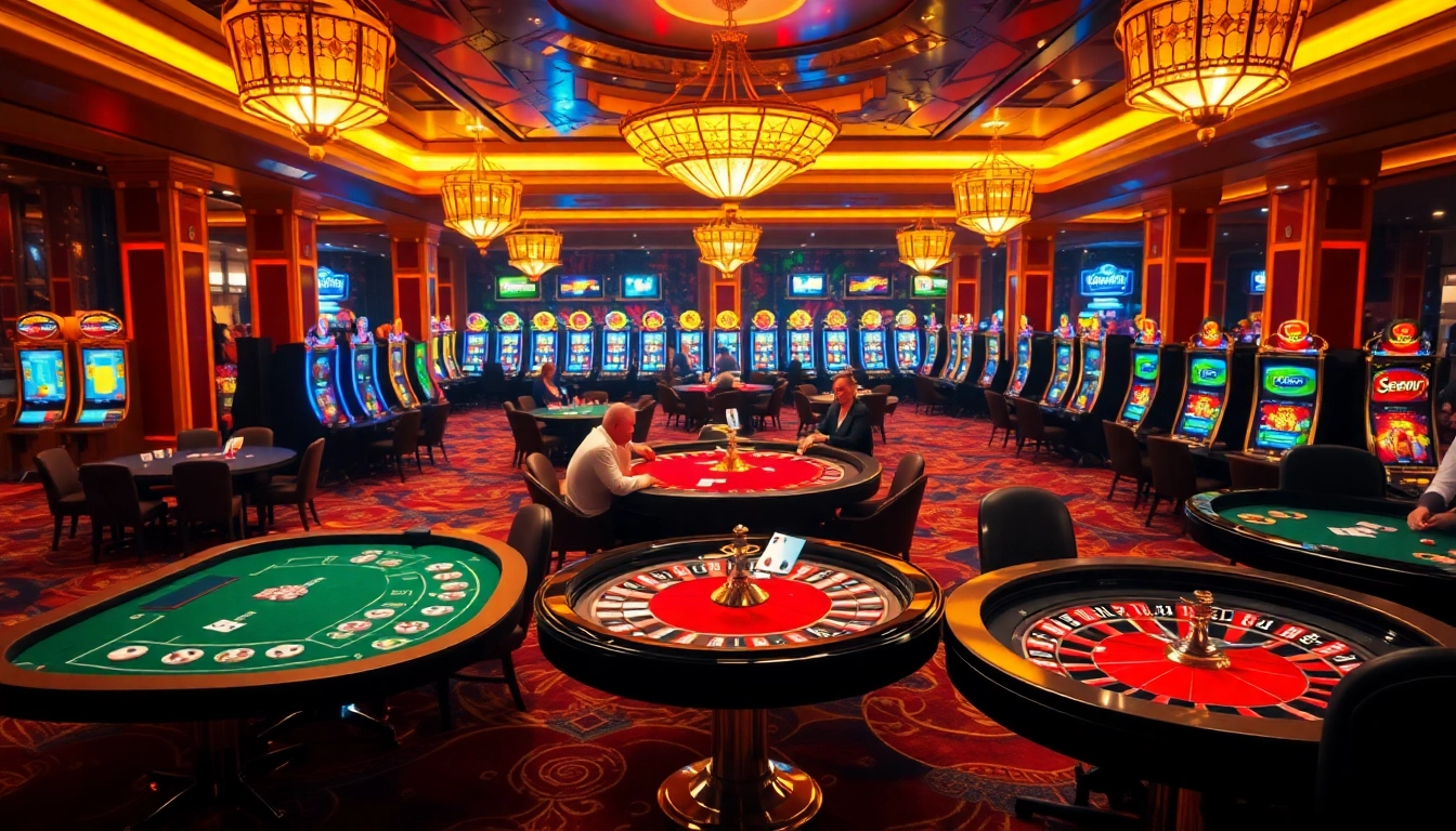 Experience thrilling games at bem88 casino with vibrant tables, slot machines, and engaged players.