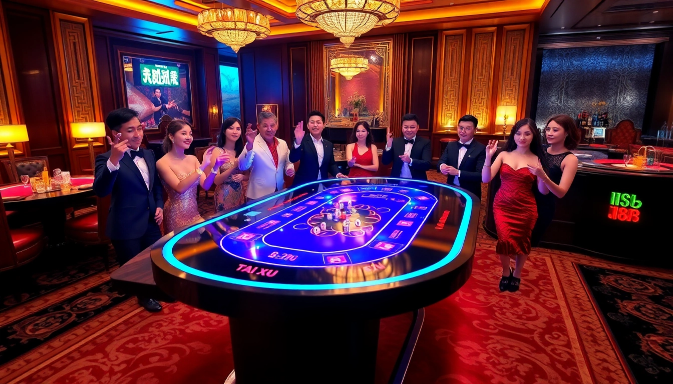 Excited players enjoying a thrilling tai xiu game at a luxurious casino table.