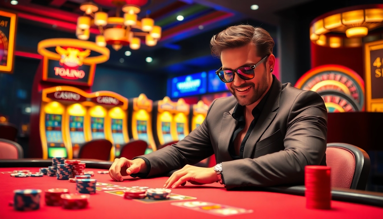 Exciting casino scene at nhà cái king88 featuring a poker player amid vibrant tables and roulette wheels.