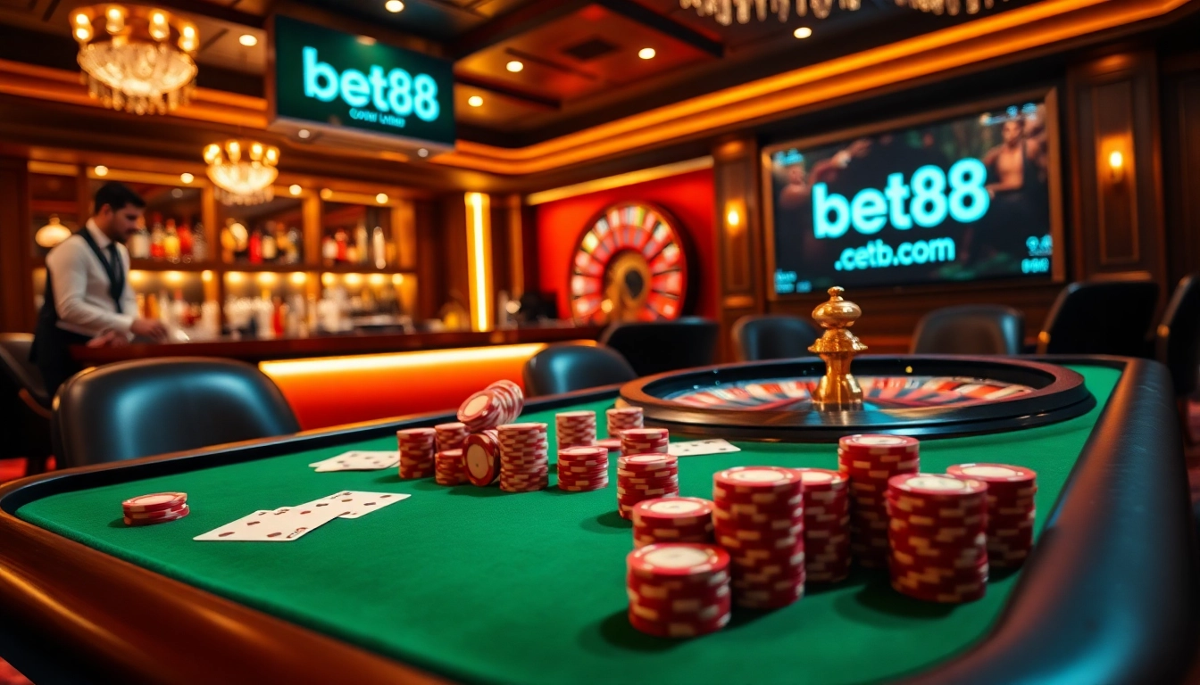 Experience the thrilling ambiance of bet88 .com with luxury poker and roulette gaming scenes.