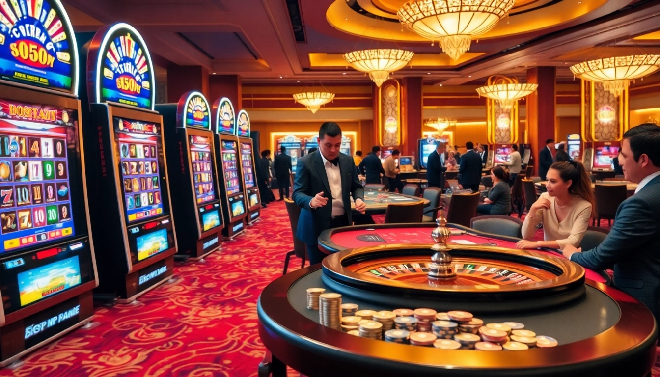 Players enjoying thrilling games at Sunwin's dazzling casino environment, with vibrant slots and poker action.