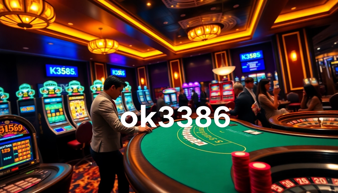 Excited players at the casino engaging in games and betting with ok8386 branding.