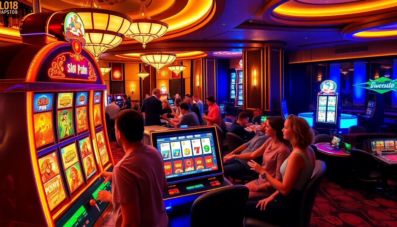 Experience the thrill of slot pg88 in a luxurious casino environment with vibrant lights and engaged players.