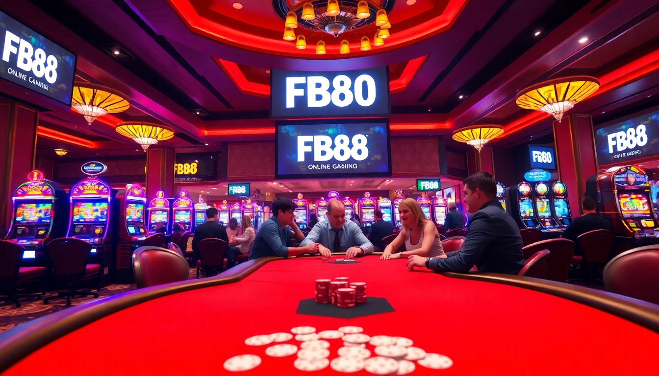 Experience the thrill of playing at FB68 casino with vibrant gaming tables and exciting slot machines.