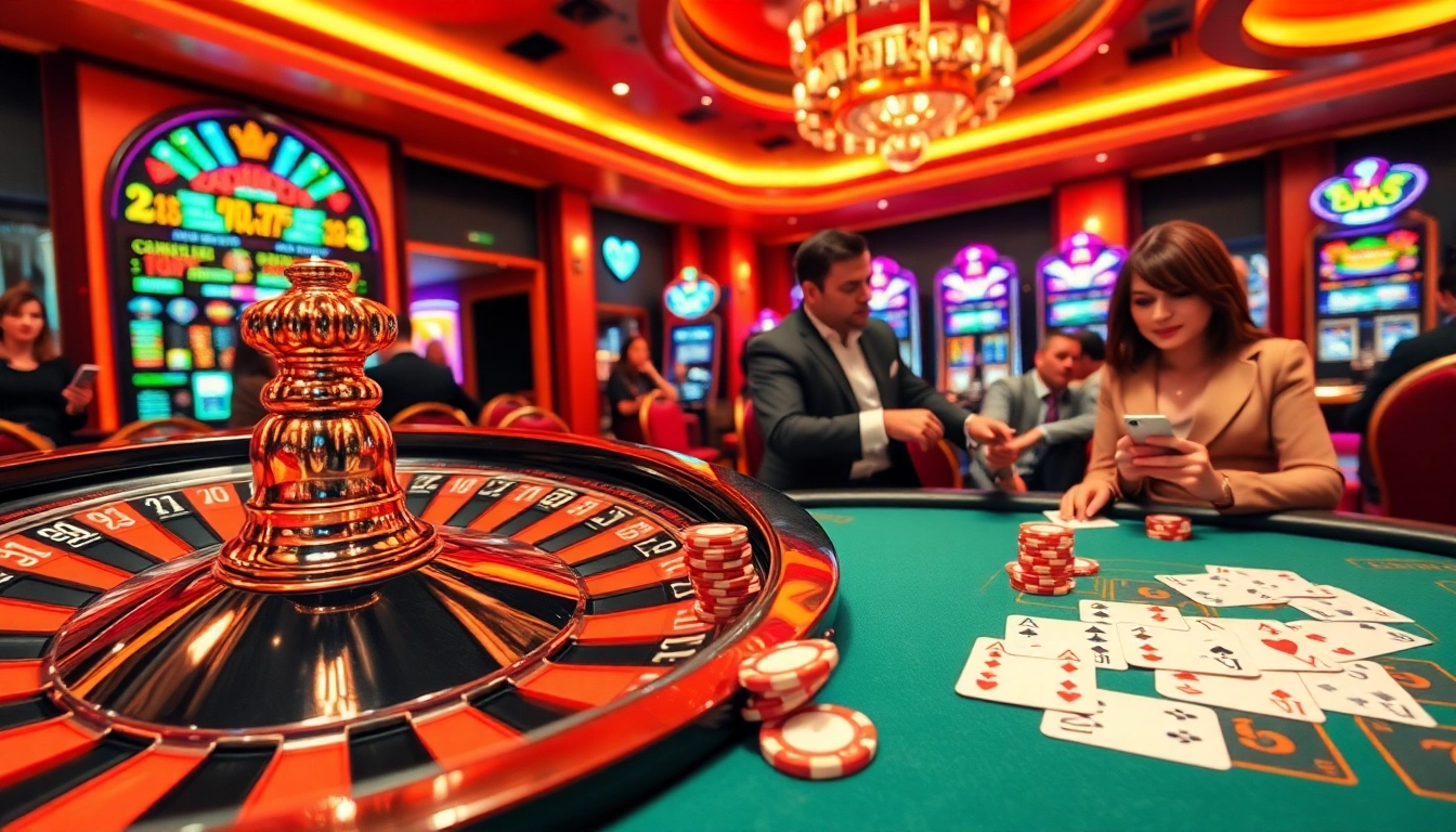 התמונה מציגה סצנת קזינו מרגשת בשולחן הפוקר, המדגישה משחקים בהימורים גבוהים ואת האווירה.