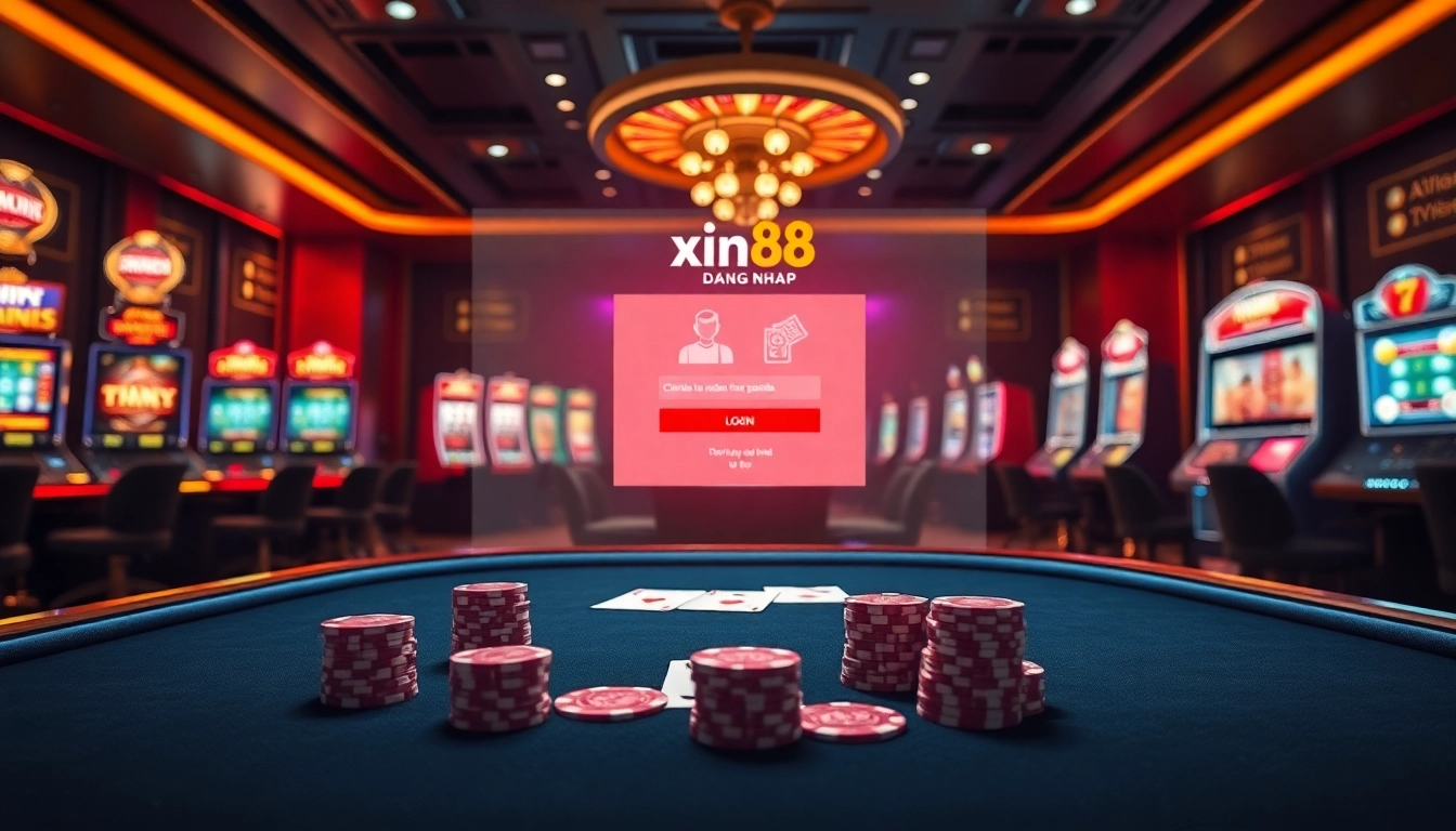 x88 dang nhap login interface set in a luxurious casino with poker chips and slot machines