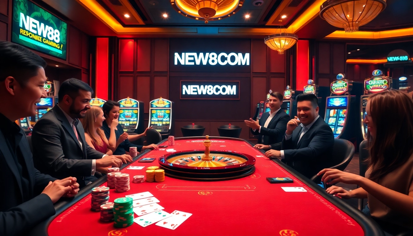 Experience the thrill of winning at NEW88COM with a vibrant casino scene featuring a gambling table and players.