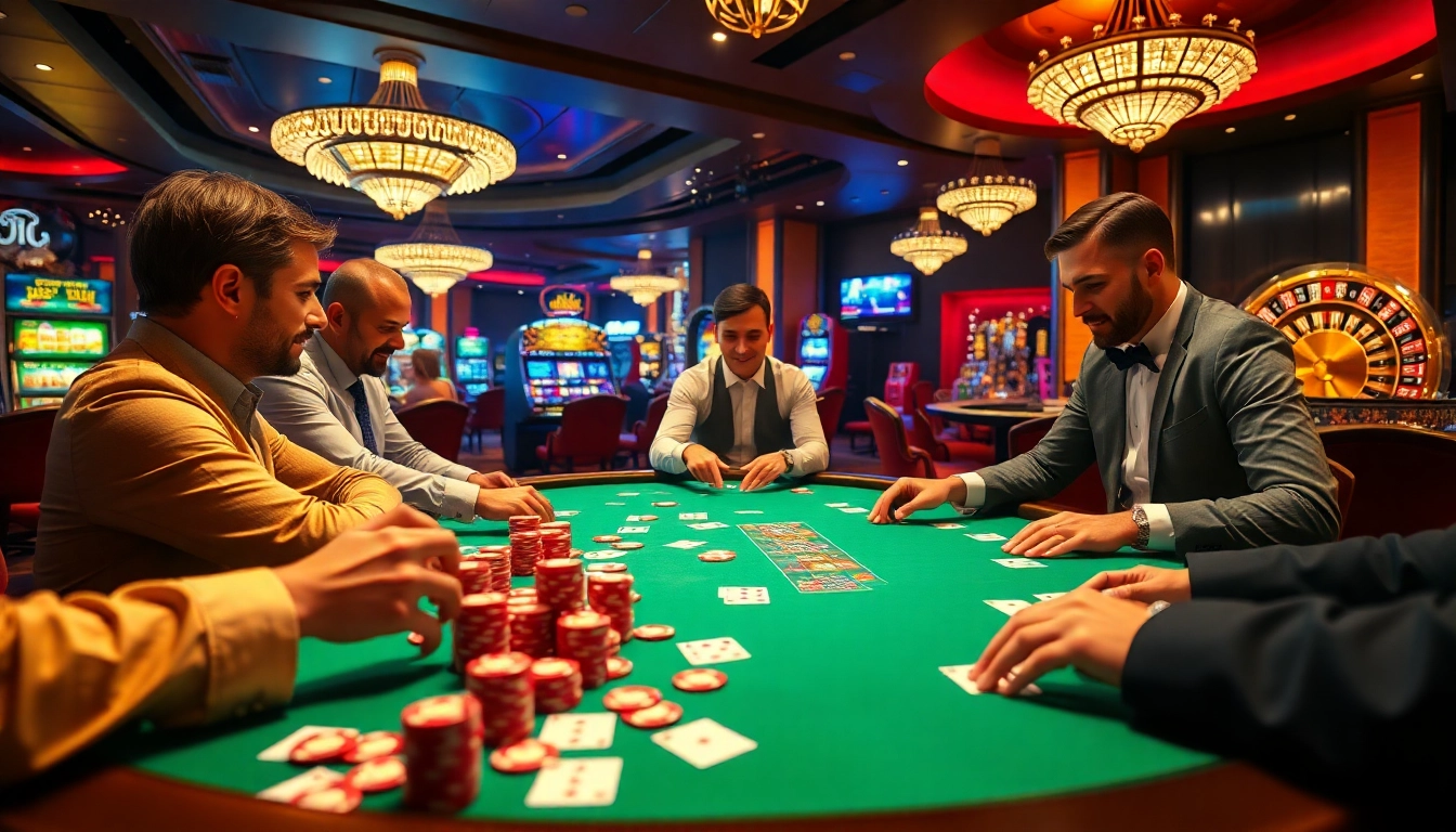 Poker table action with enthusiastic players showcasing dynamics of online betting at https://11betn.com/.
