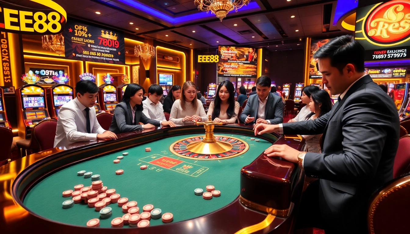 Players engaging at the EE88 roulette table in a vibrant casino setting, showcasing excitement and action.