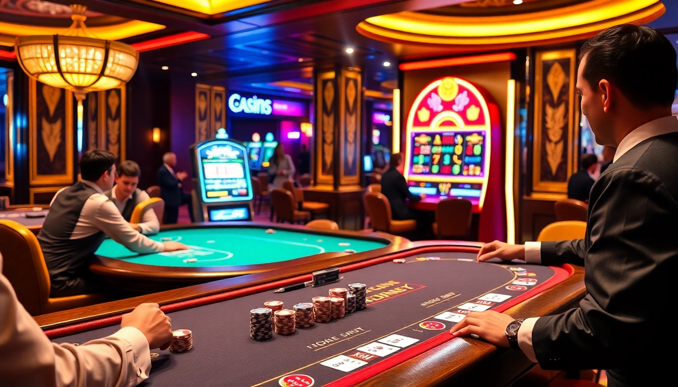 Exciting poker game scene at a luxurious casino featuring s8 betting chips and vibrant atmosphere.