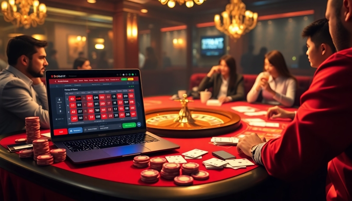 Sbobet online betting scene featuring a luxurious casino table with vibrant chips and cards.
