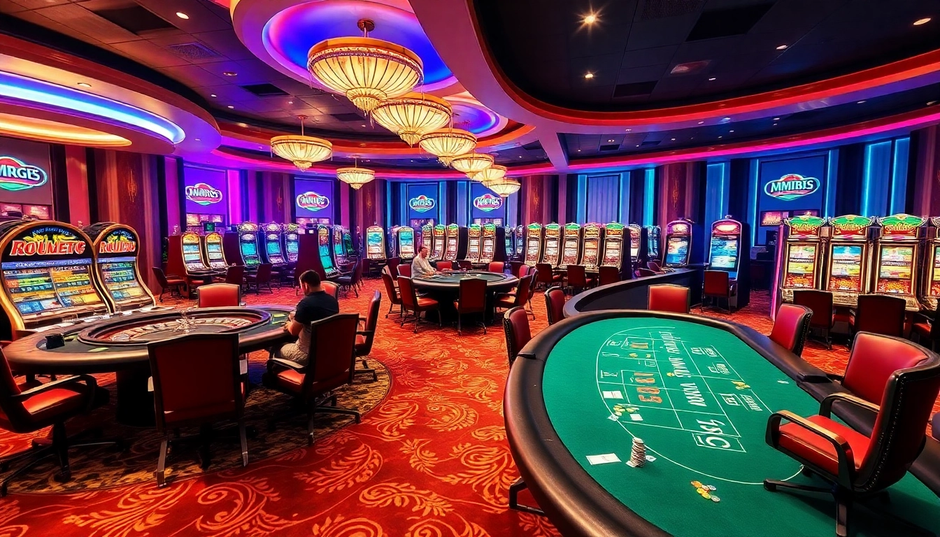 MM88 online casino scene with players betting at poker tables and roulette wheels.