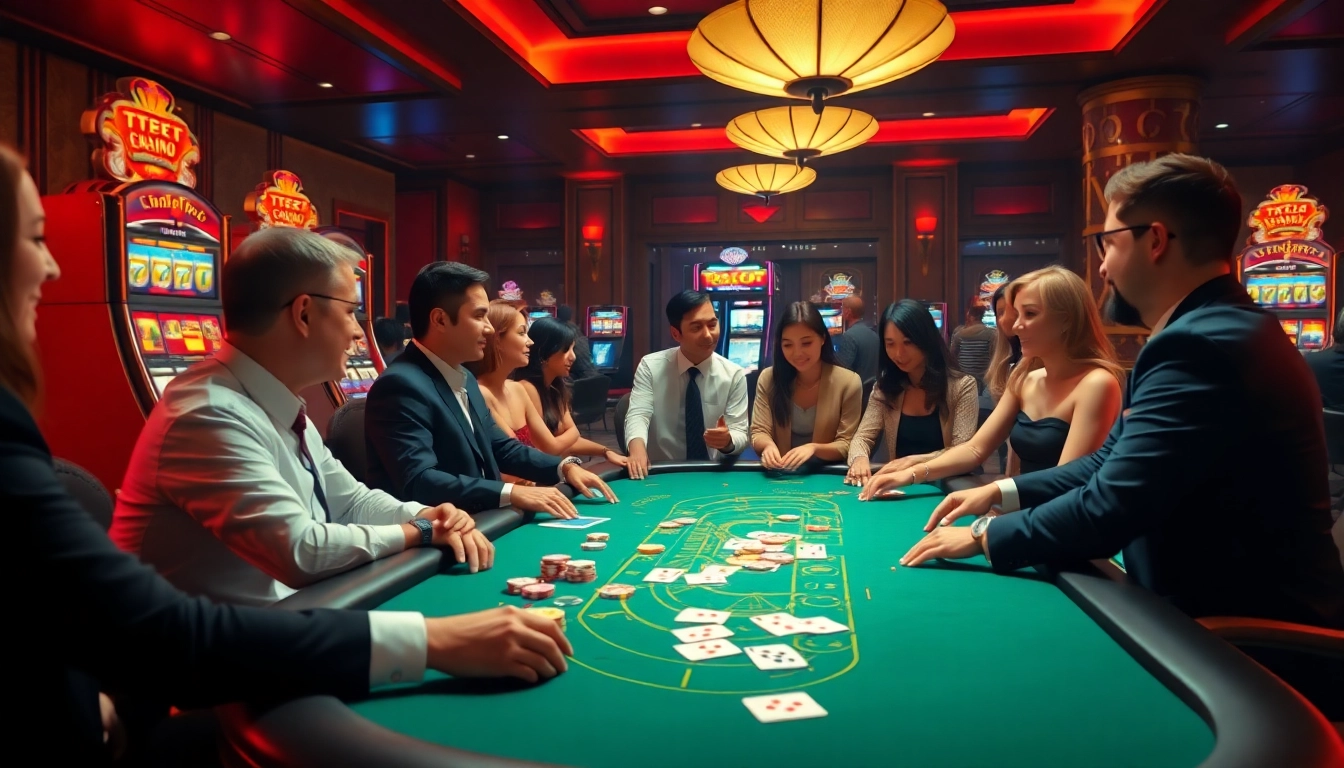 Engaging blackjack scene at TT88, featuring colorful chips and players in a luxurious casino setting.