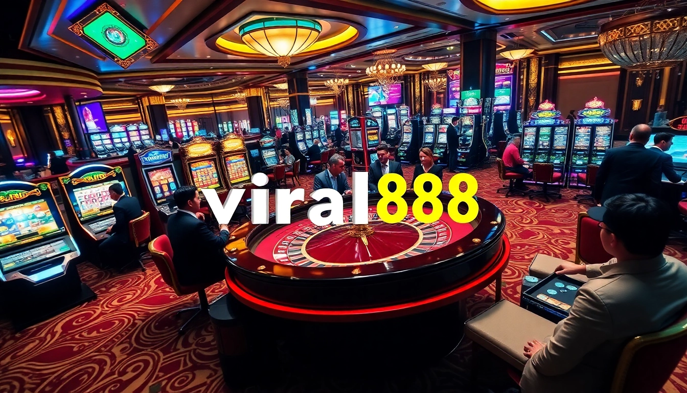 Players enjoying a lively casino atmosphere at viral88, with roulette and slot machines.