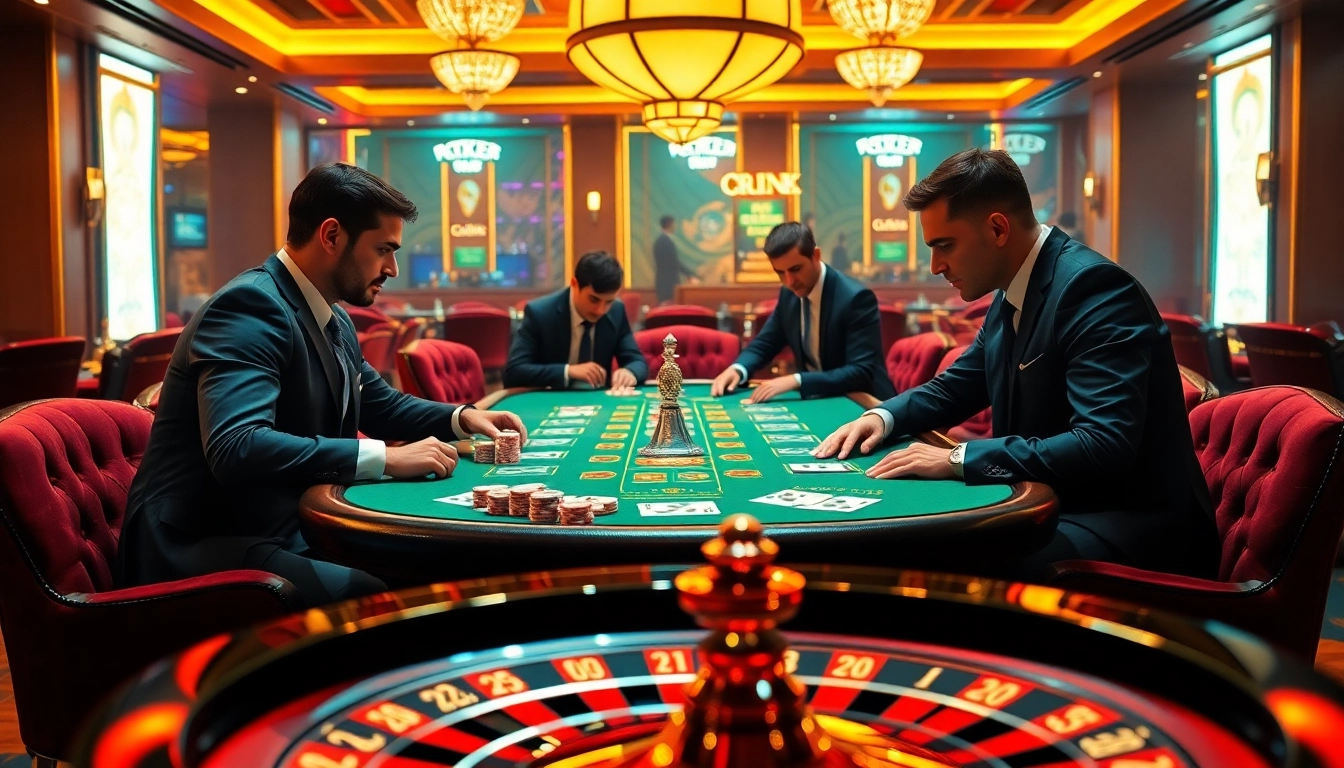 Engage in the thrilling game bài đổi thưởng at a luxurious casino with vibrant tables and high-stakes players.