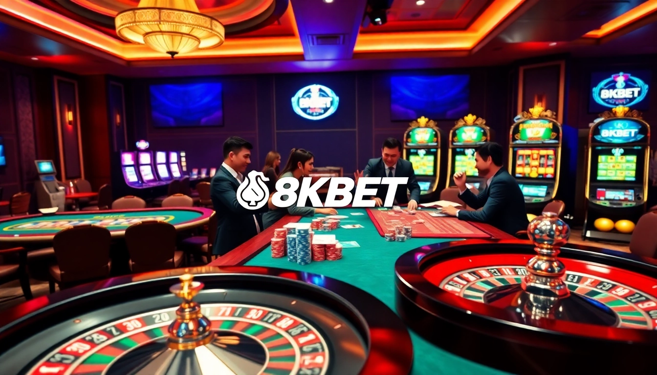Experience thrilling gaming at 8KBET with vibrant casino tables and exciting slot machines.