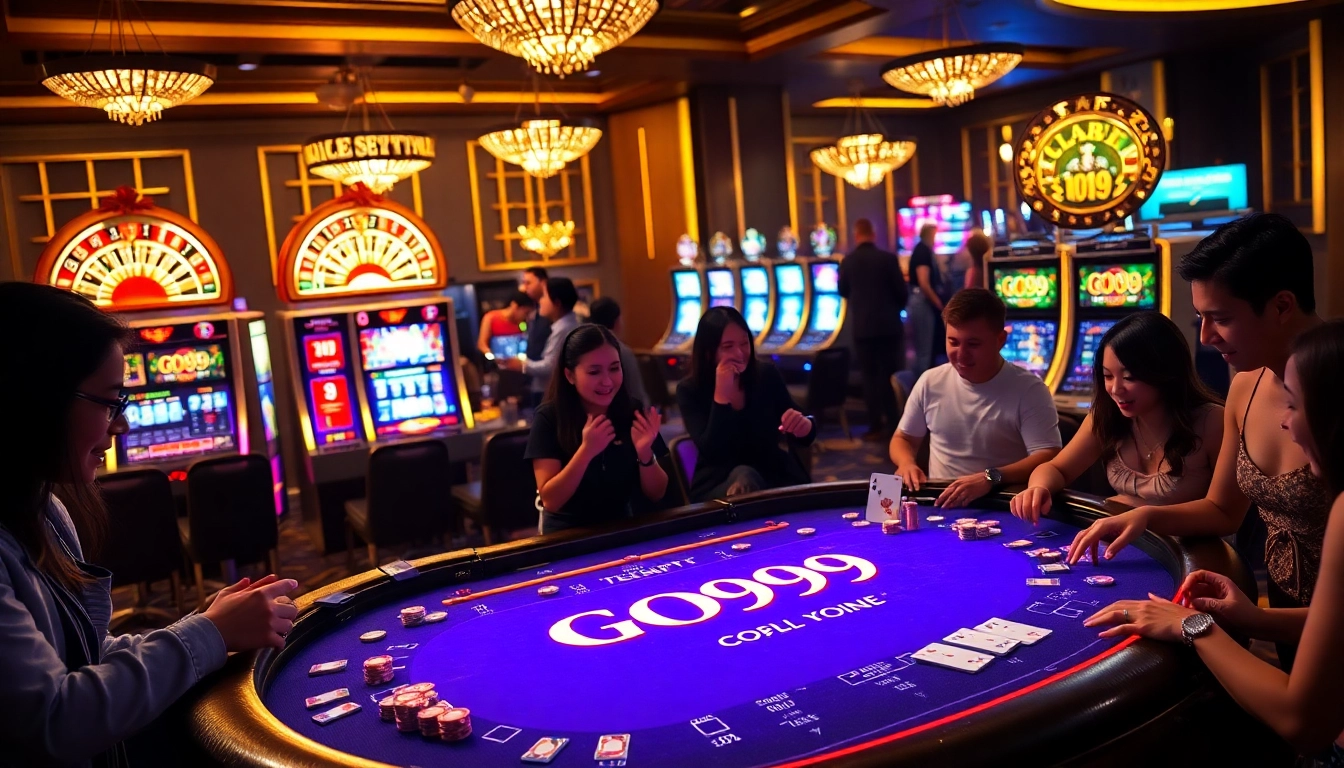 Gamblers enjoying a vibrant GO99 gaming table experience amidst an upscale casino atmosphere.
