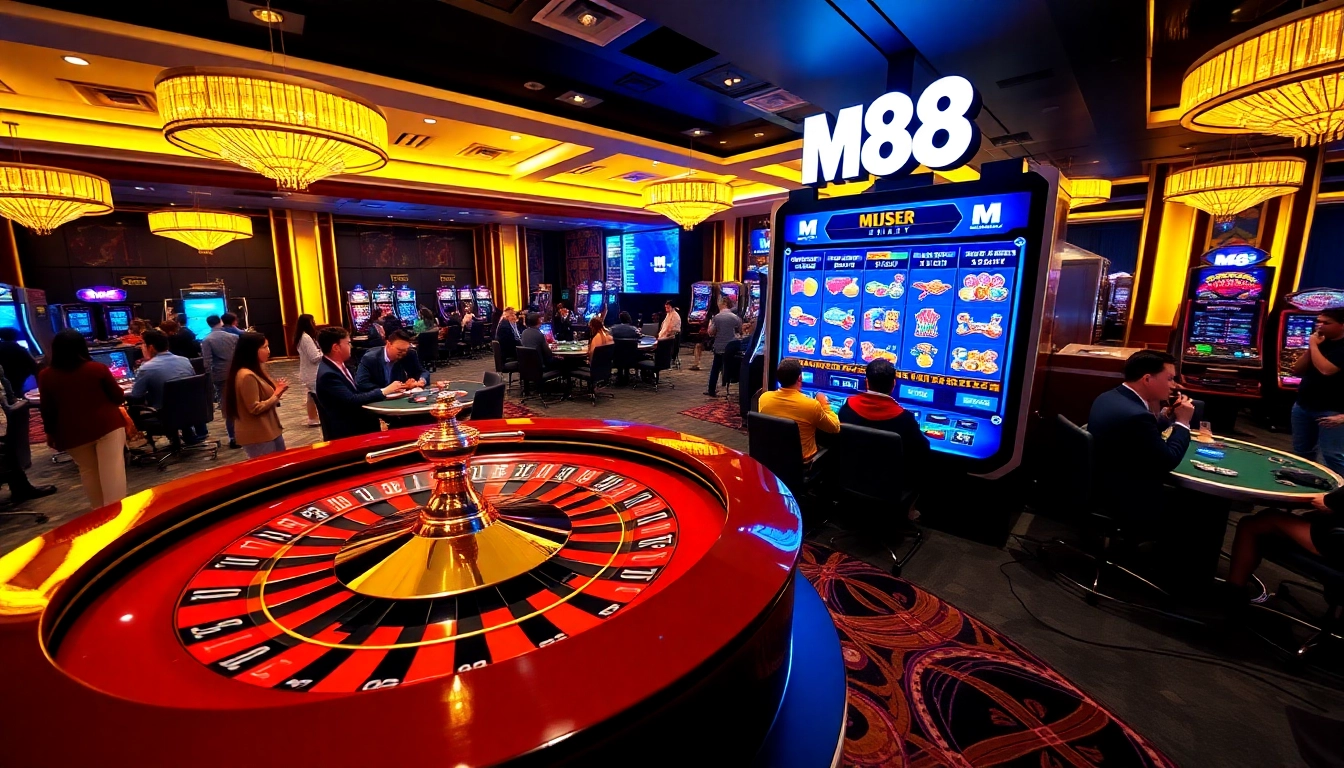 M88 online gambling excite players at a luxurious casino table with roulette and colorful chips.