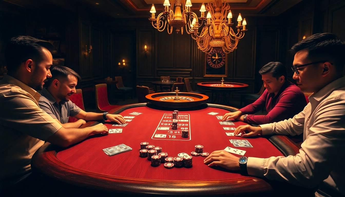 Players enjoying a thrilling poker game at ClubGG, showcasing vibrant chips and cards.