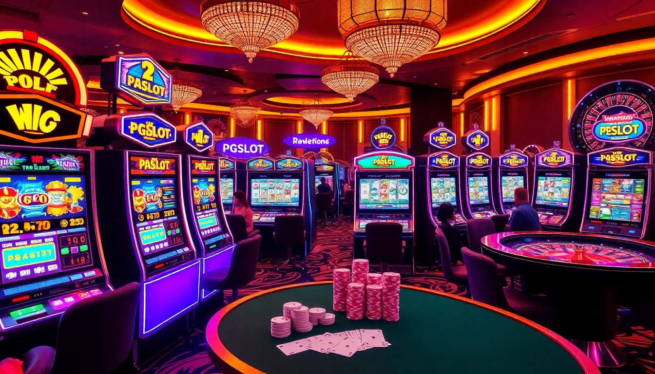 Experience the excitement of PGSLOT games on vibrant casino slot machines amidst a lively gaming atmosphere.