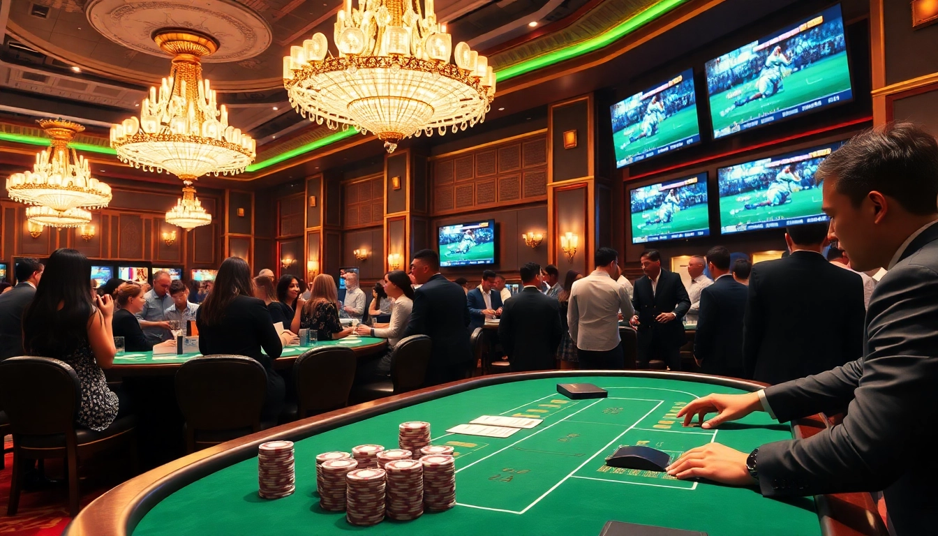 Engaging kèo bóng đá betting scene with colorful poker chips and lively casino atmosphere.